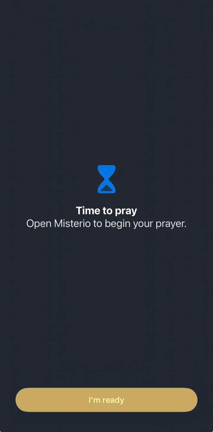 Misterio lock screen over an app, reading 'Time to pray' with the I'm ready button.