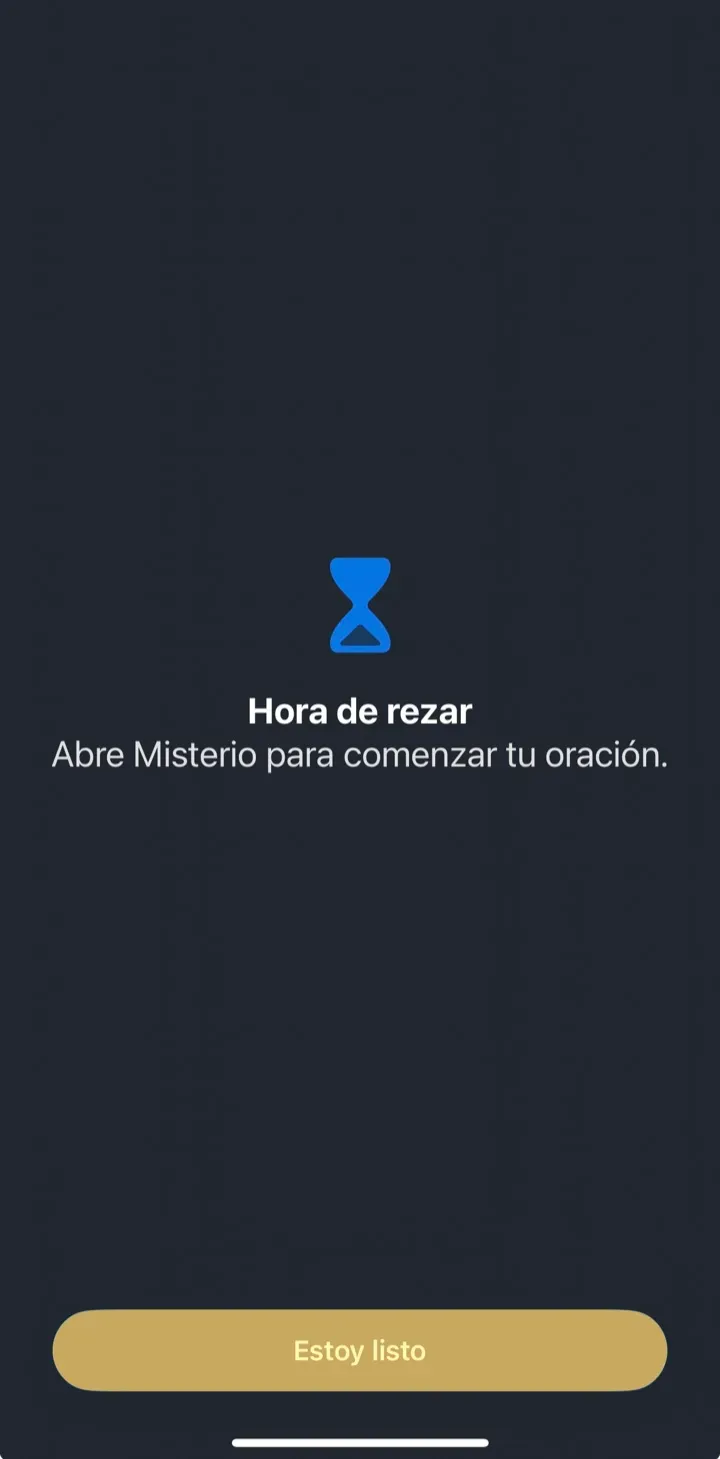 Pantalla de bloqueo de Misterio sobre una app, con 'Hora de rezar' y el botón Estoy listo.
